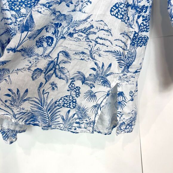 Nicole Miller Blouse Tunic 1X Blue White Linen Floral Long Sleeve Button Toile - Picture 11 of 16